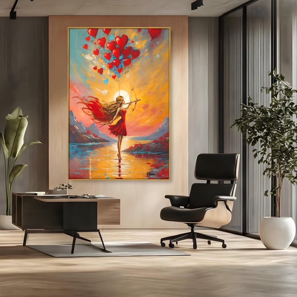Tablou canvas cu pictura cu femeie armata cu arc si inimi, in rama de aluminiu auriu, pe perete intr-un birou